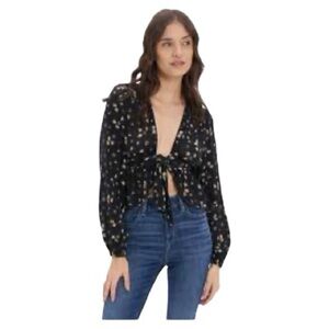 American Eagle Tie-Front Black Floral Long-Sleeve NWT sz xs
